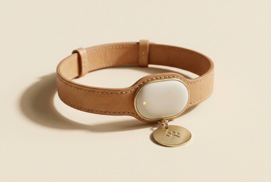 The PawSense collar — tan leather, brushed brass tag and pebble sensor module with a soft amber light