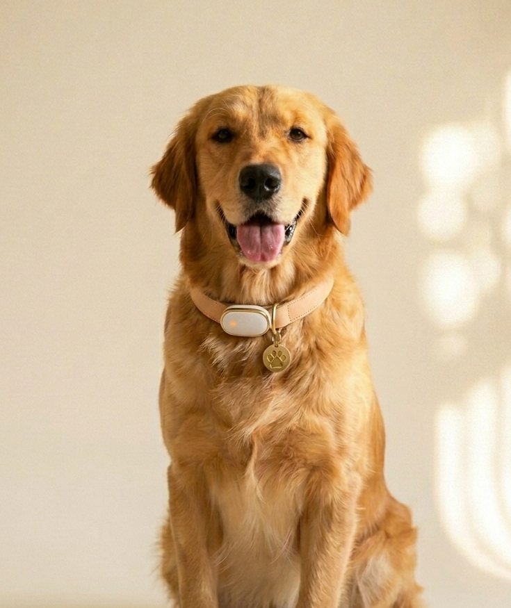 A golden retriever wearing the PawSense leather-and-brass collar